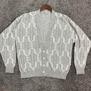 London Fog Vtg 90s Cardigan Sweater Men's XL Gray Geometric Knit Grandpa Button